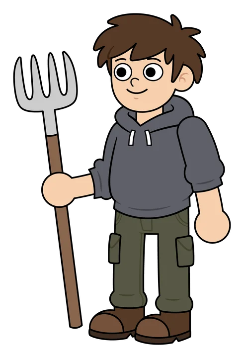 Marko, a young farmer in a grey hoodie and cargo trousers, holding a pitchfork and looking hopeful.