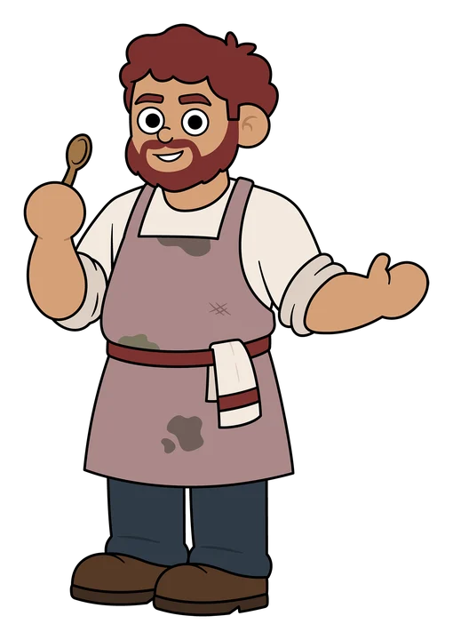 Chef Viktor, a red-haired, bearded man in a stained apron, holding a wooden spoon.